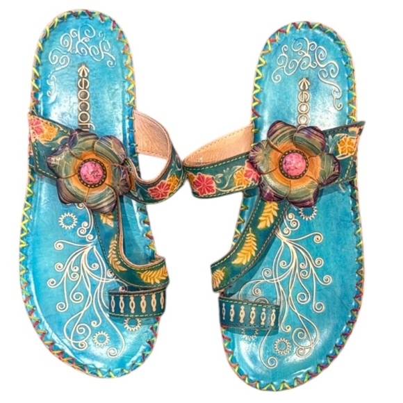 Socofy Colorful Handprinted Floral Boho Toe Ring Sandals Size 6 - Picture 1 of 12
